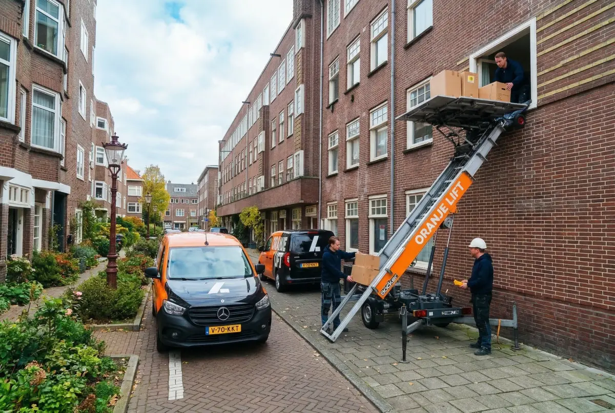 Aanhangerlift geplaatst in een smalle straat in Den Bosch